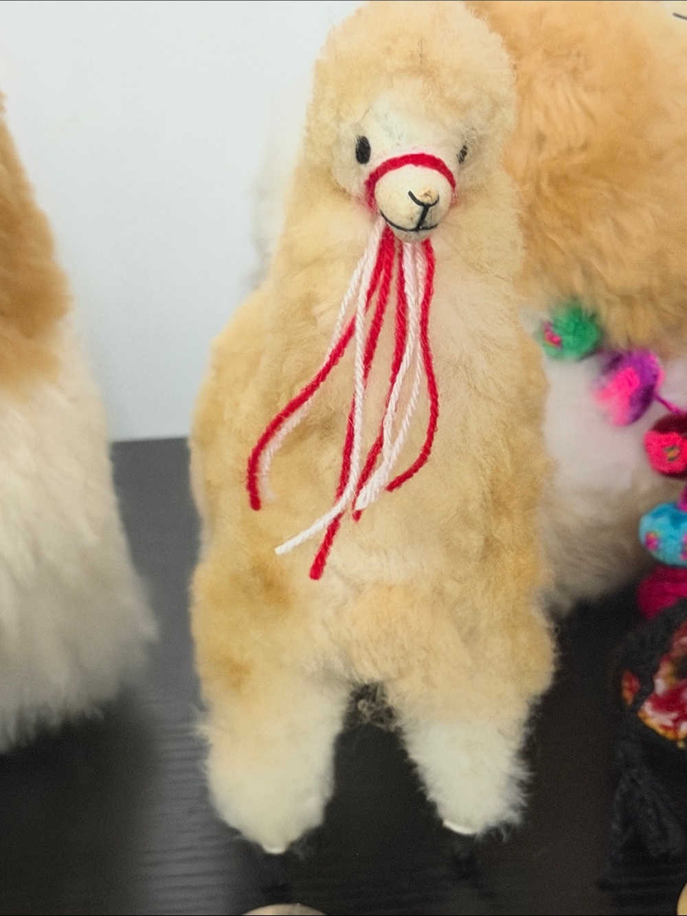 Plush Alpaca Stuffed Animal in Cream and White with Red Trim